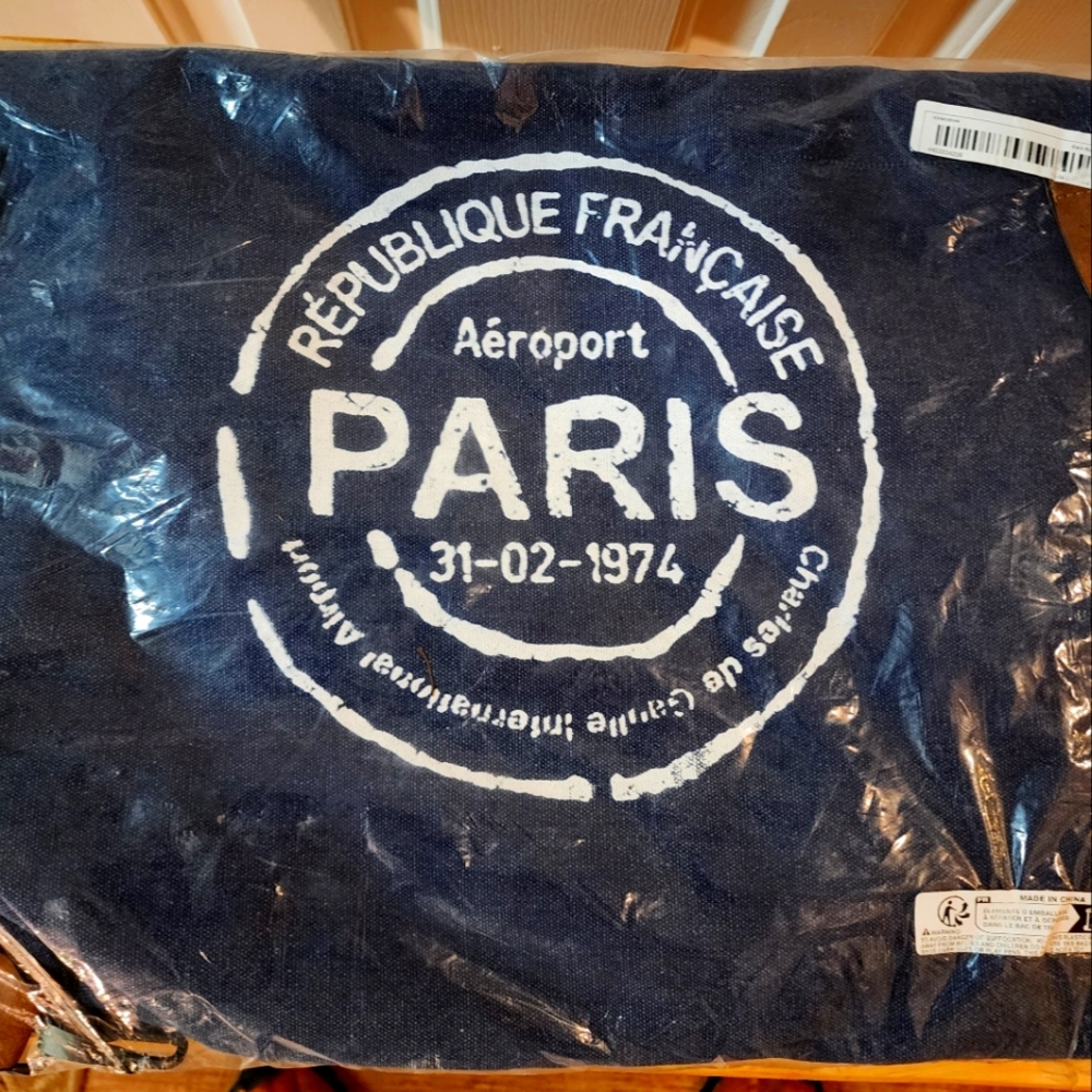 Blue Paris Graphic Tote Bag, Canvas With Leather Trim